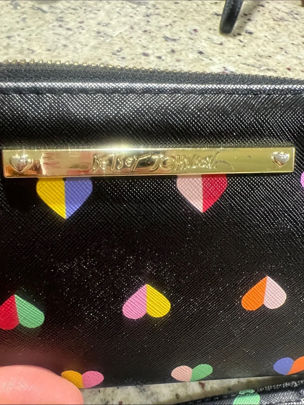 Betsey Johnson Black Zip-Around Wallet with Multicolor Heart Print